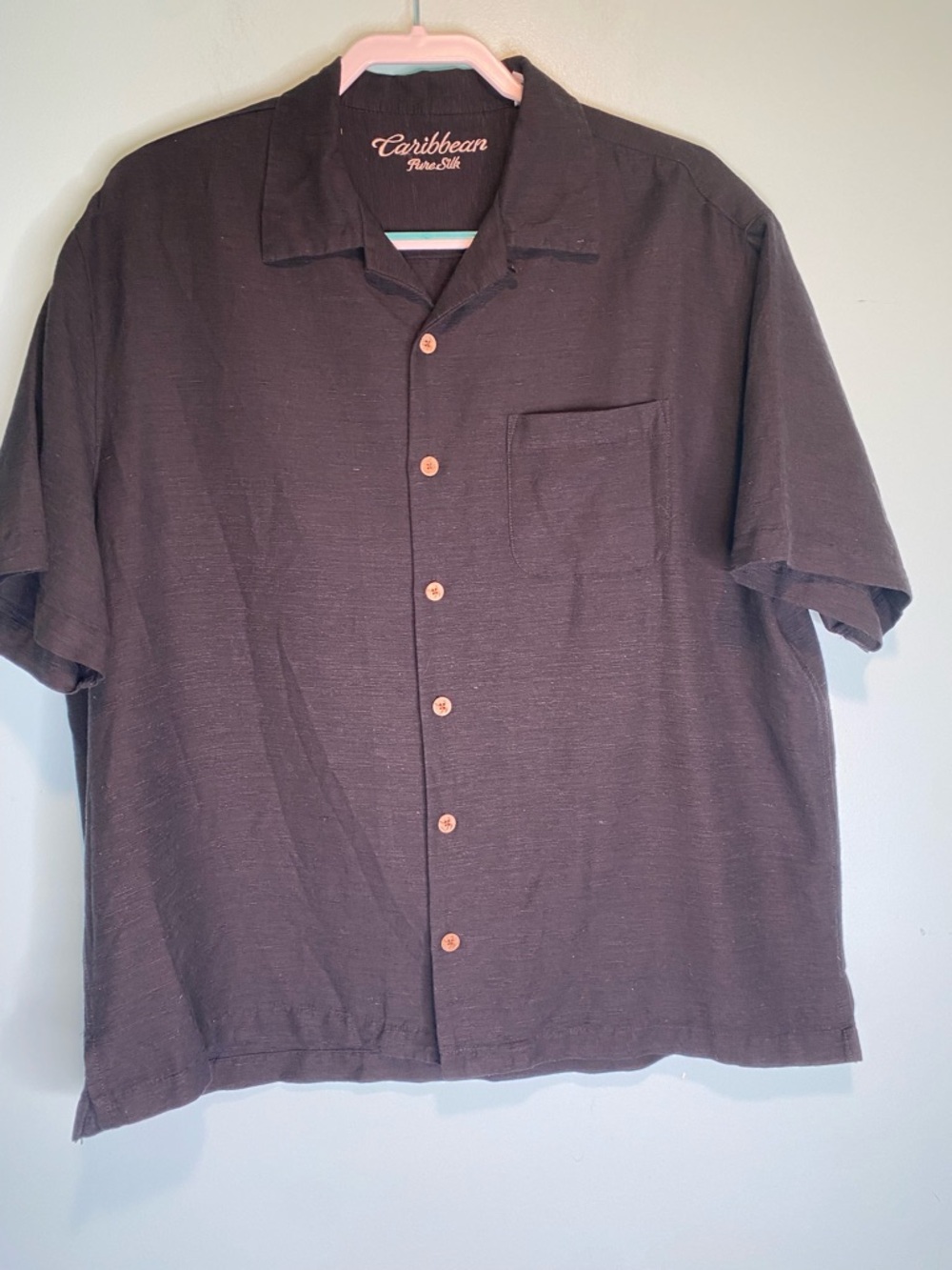 Caribbean Pure Silk Men’s Black Button-Up Shirt Short Sleeve Pocket Casual XL